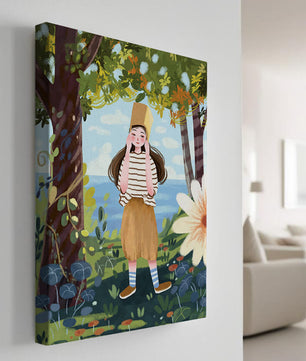 Whimsical Illustration of a Girl in Nature with Golden Hat