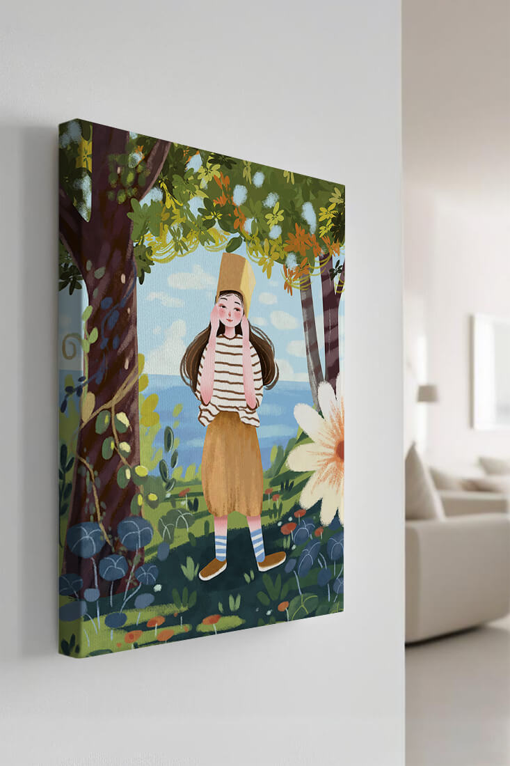 Whimsical Illustration of a Girl in Nature with Golden Hat