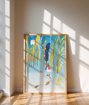 Ilustración caprichosa de una niña en un bosque abstracto vibrante