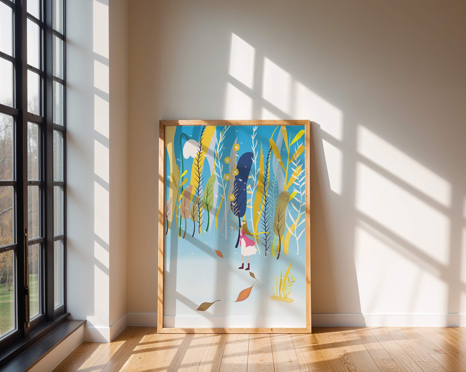Ilustración caprichosa de una niña en un bosque abstracto vibrante