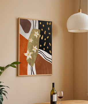 Abstract floral artwork with gold accents and earthy tones