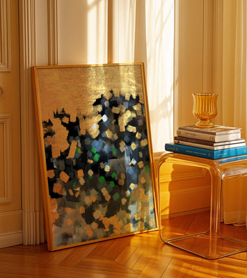 Abstract art with gold and colorful brushstrokes
