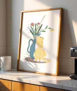 Ilustración de un gato sentado junto a un jarrón floral