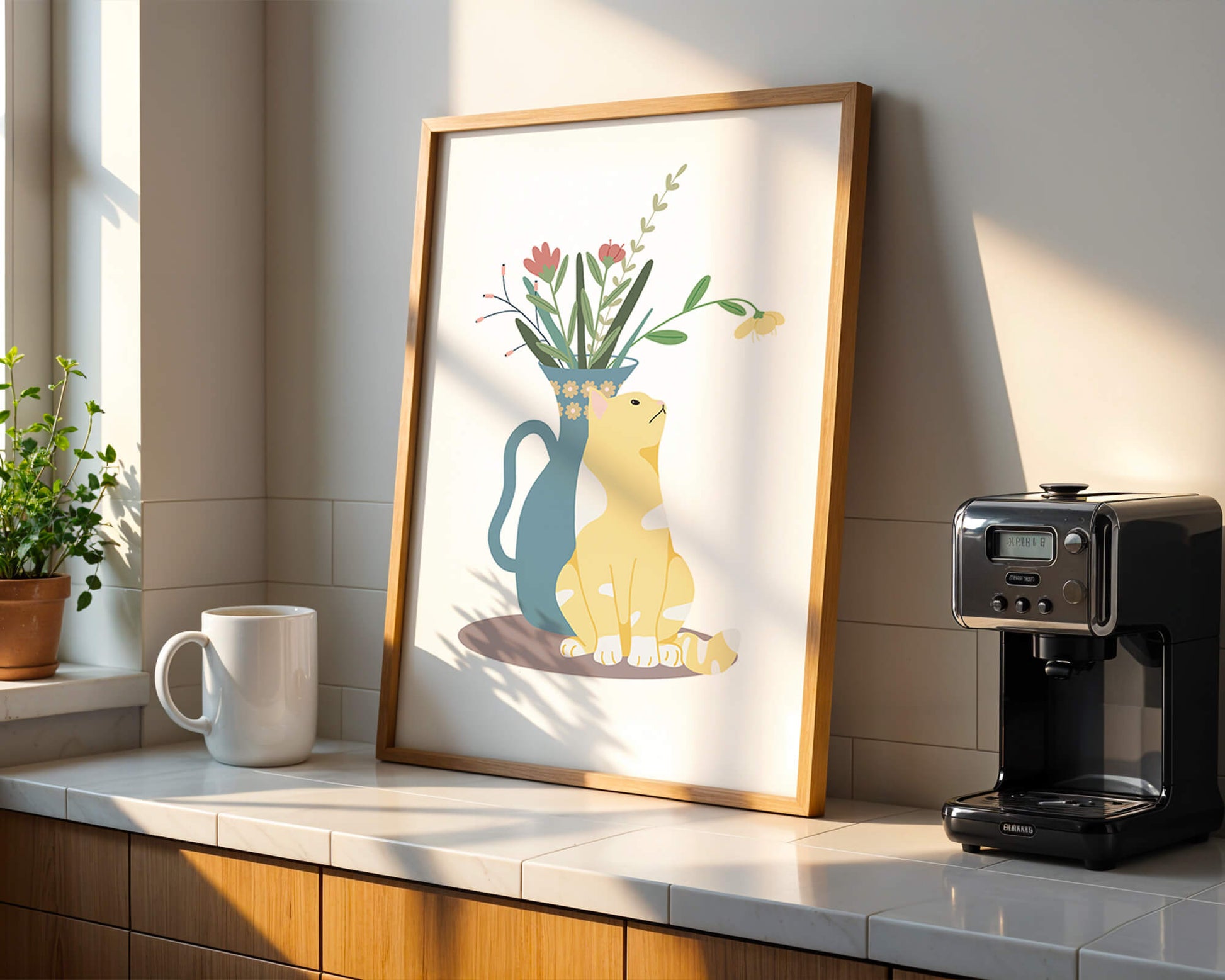 Illustration of a cat sitting beside a floral vase
