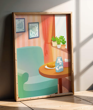 Sala de estar acogedora con mesa y cartón de leche