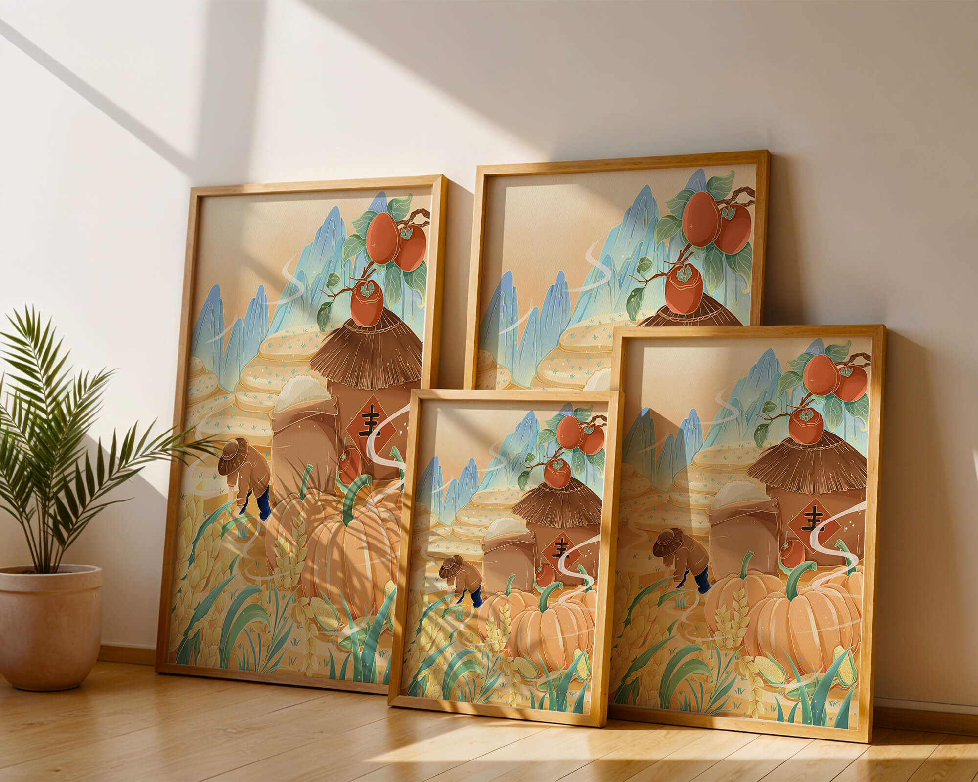 Pastoral landscape with pumpkins and farmer in rice fields