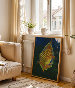 Abstract digital artwork featuring a vibrant multicolored leaf
