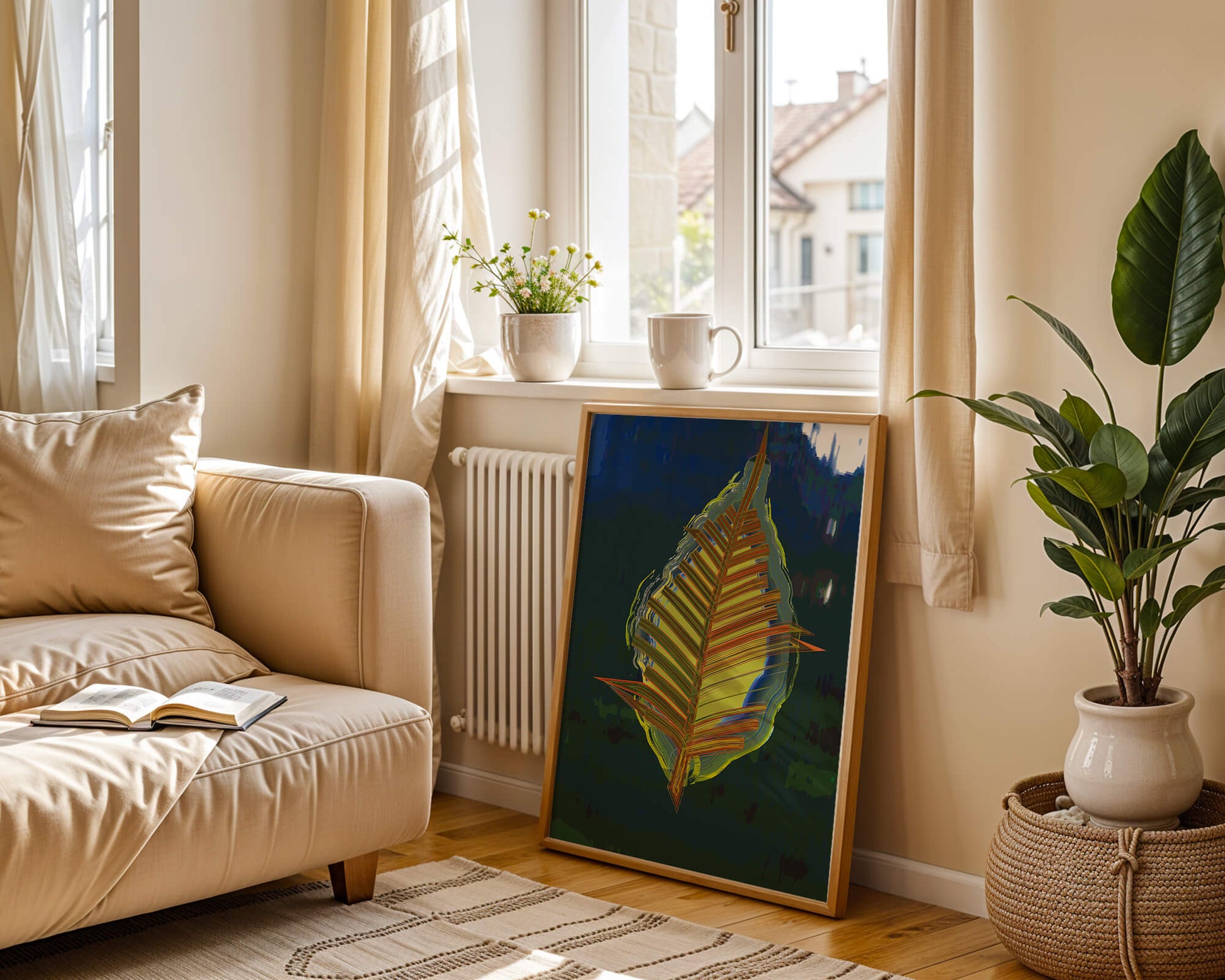 Abstract digital artwork featuring a vibrant multicolored leaf