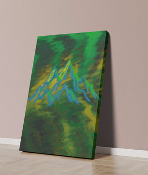 Abstract mountain landscape with vibrant colors and geometric lines