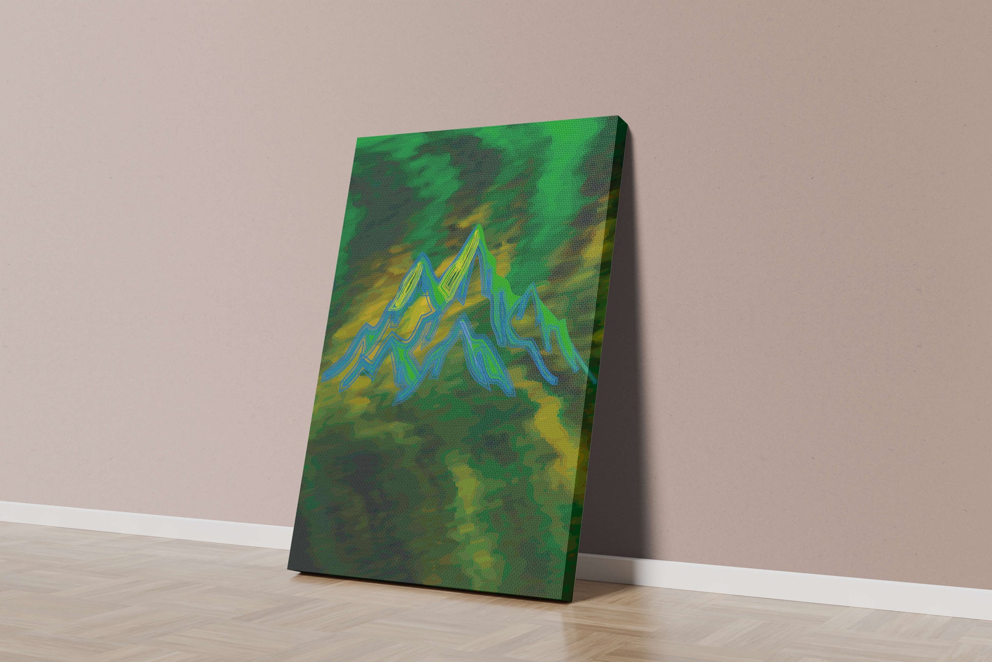 Abstract mountain landscape with vibrant colors and geometric lines