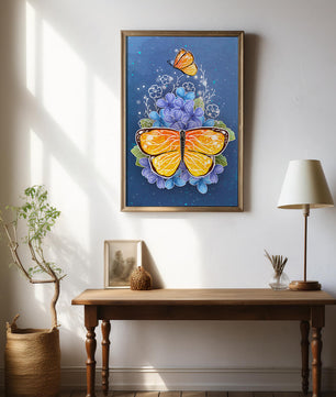 Bright butterfly with blue flowers on a starry background