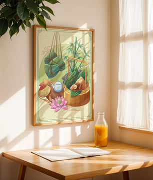 Traditional Asian tea set with bamboo and dumplings