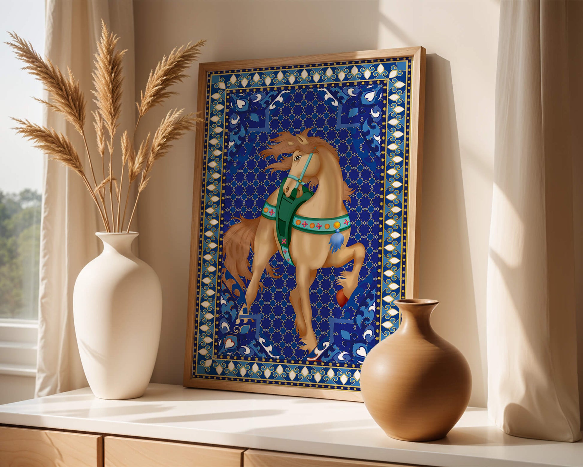 Intricate patterned horse art with a vibrant decorative border