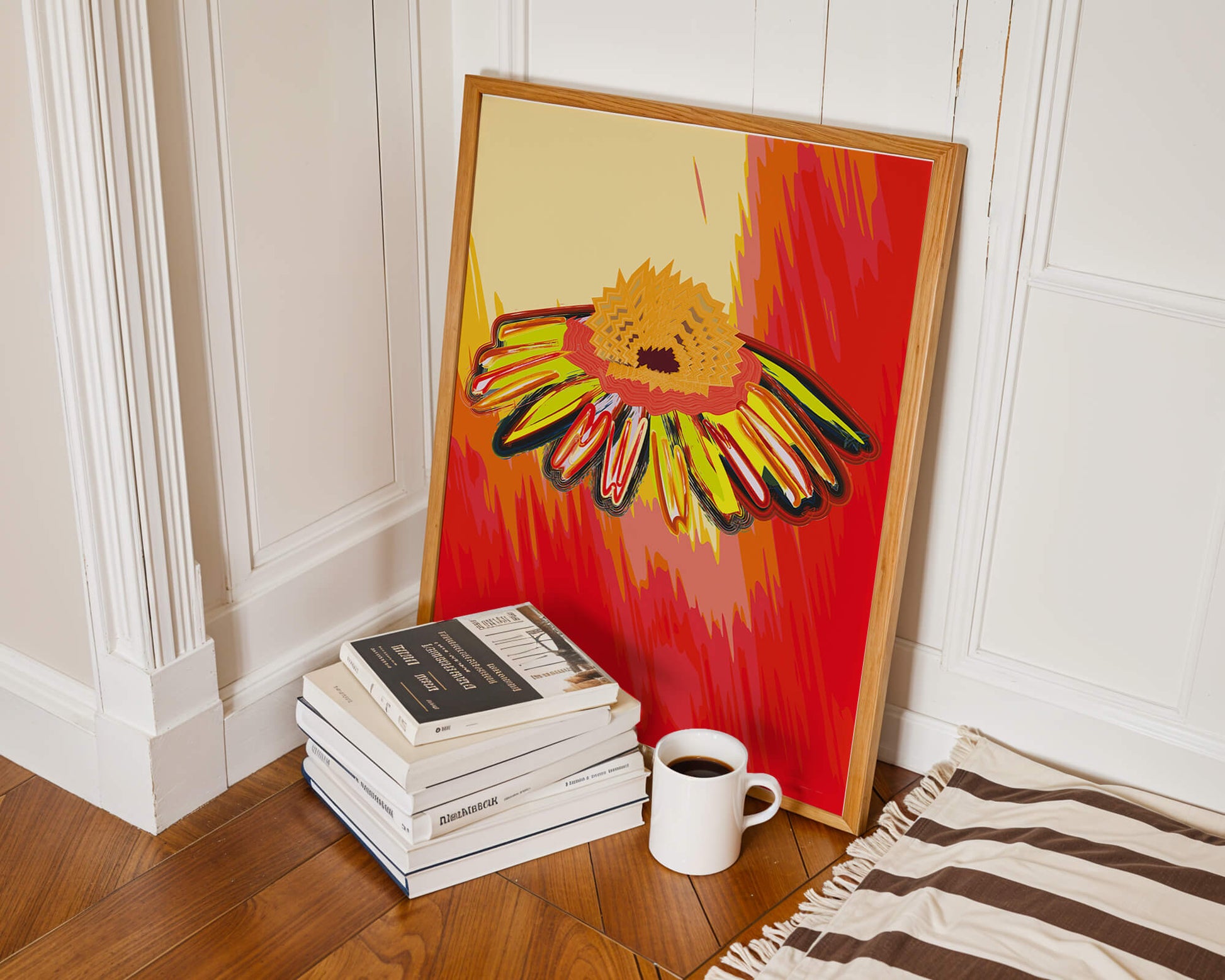 Abstract vibrant flower illustration with bold colors and dynamic strokes