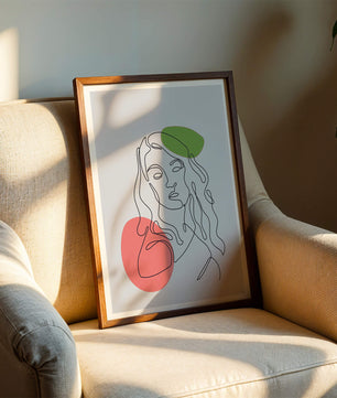 Line Art Portrait auf grauem Hintergrund mit Farbakzenten 