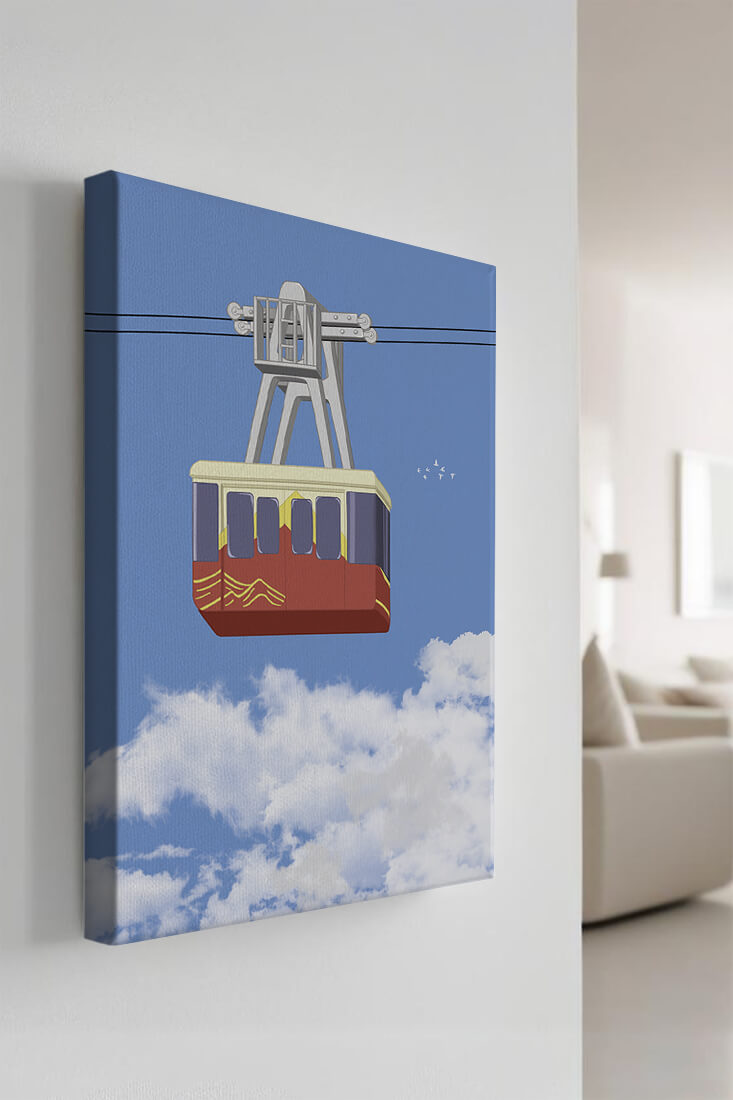 Colorful cable car against a clear blue sky
