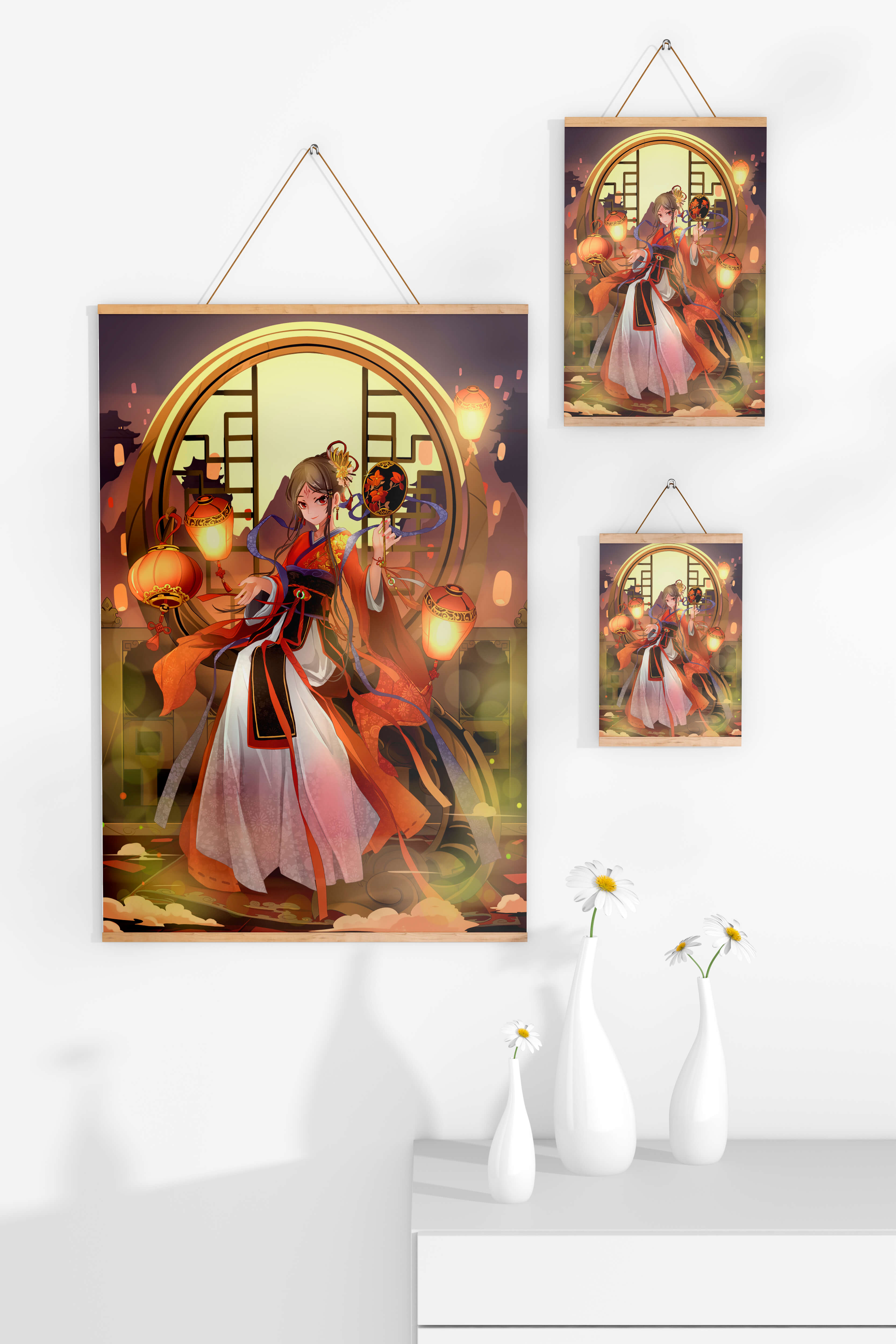 Elegant Asian-inspired fantasy artwork with lanterns