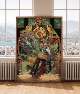 Art fantastique élégant d'une femme avec un dragon majestueux et des éléments dorés
