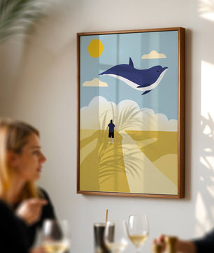 Surreal Landscape with Flying Blue Whale and Human on Desert Path