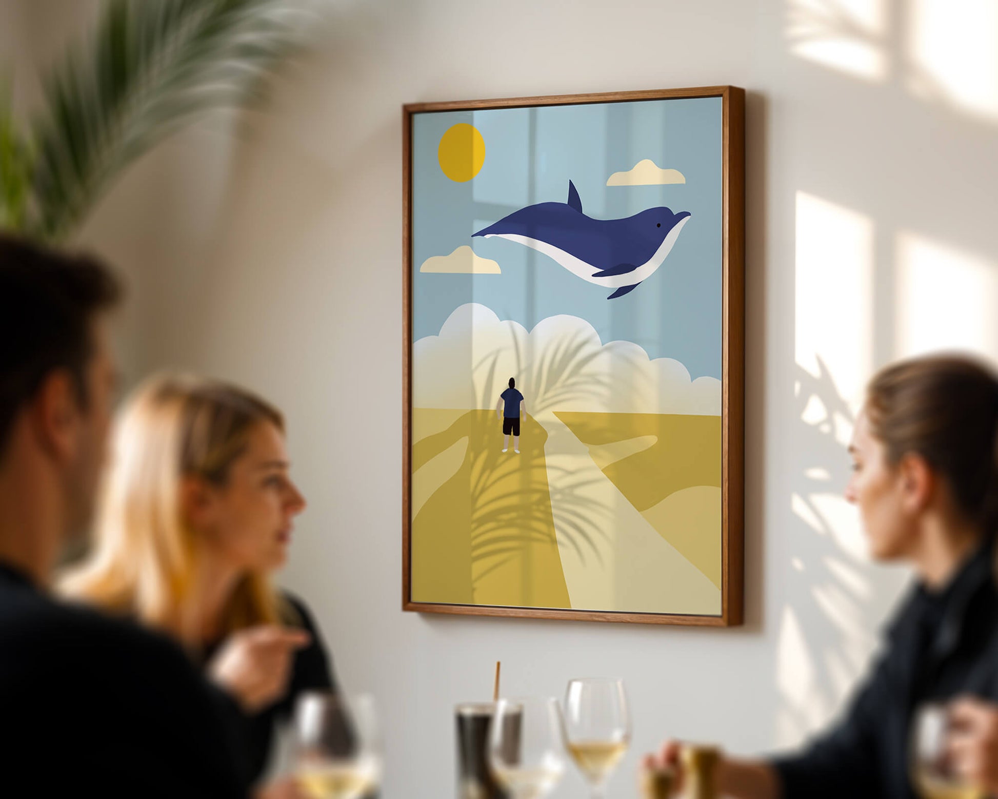 Paisaje surrealista con ballena azul voladora y humano en camino desértico