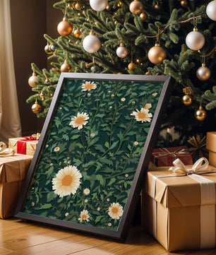 Floral pattern with daisies on a dark green background