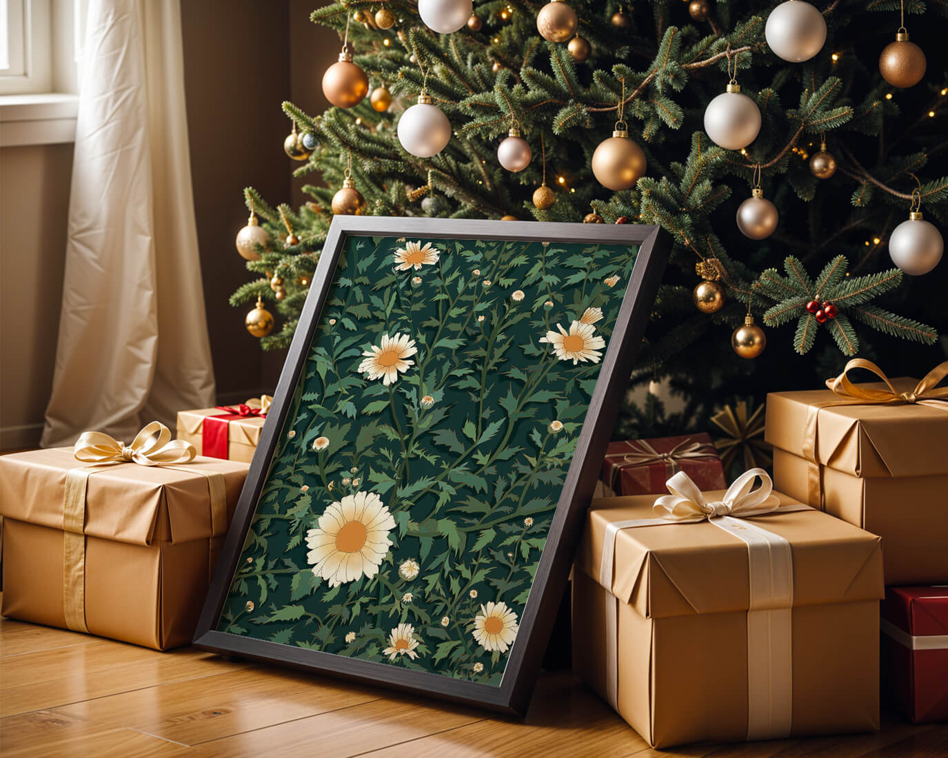 Floral pattern with daisies on a dark green background