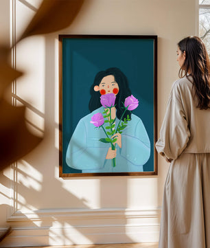 Illustration of a woman with purple flowers on a teal background