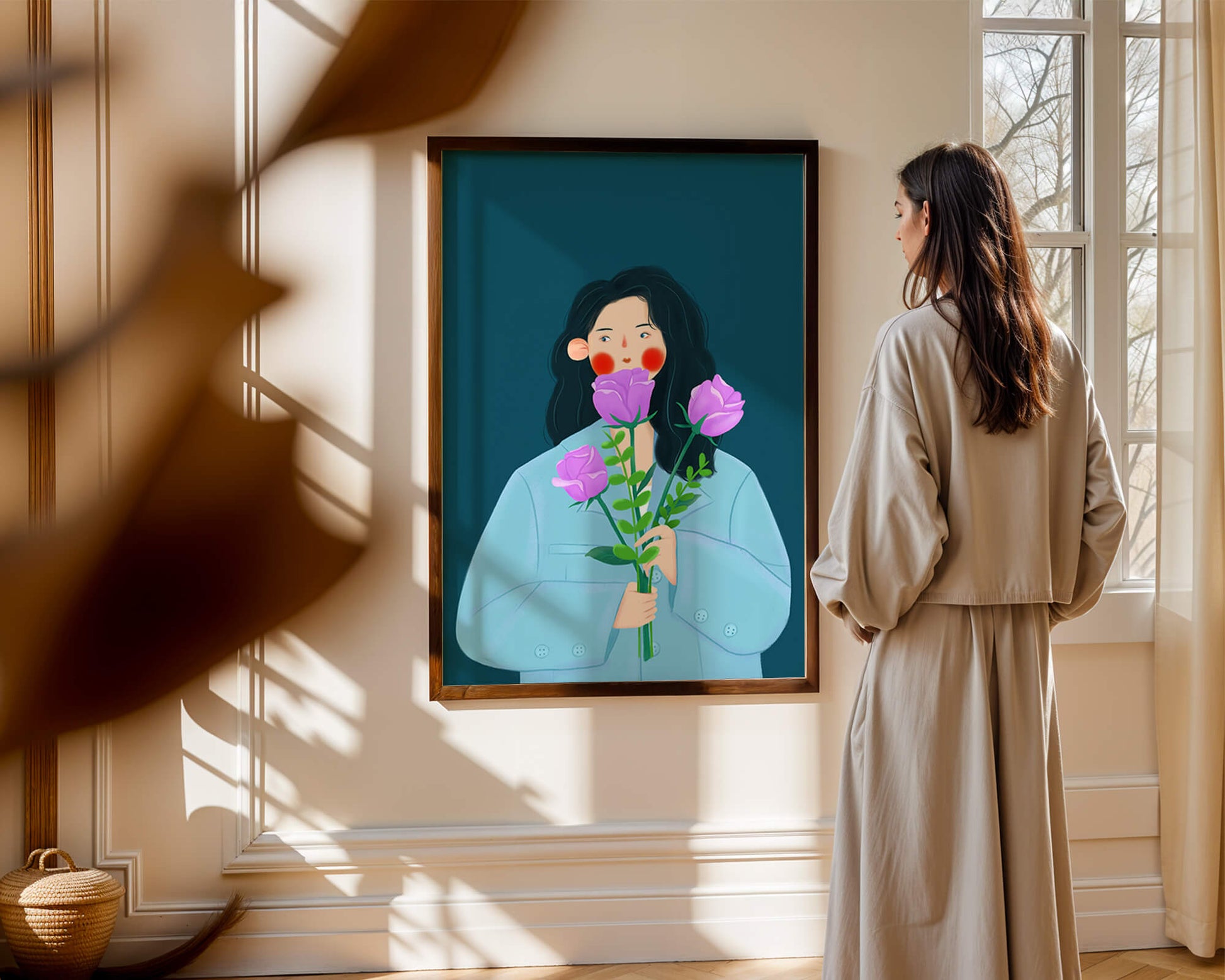 Illustration of a woman with purple flowers on a teal background