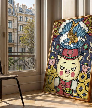 Colorful illustration featuring a whimsical pig and koi fish with decorative elements