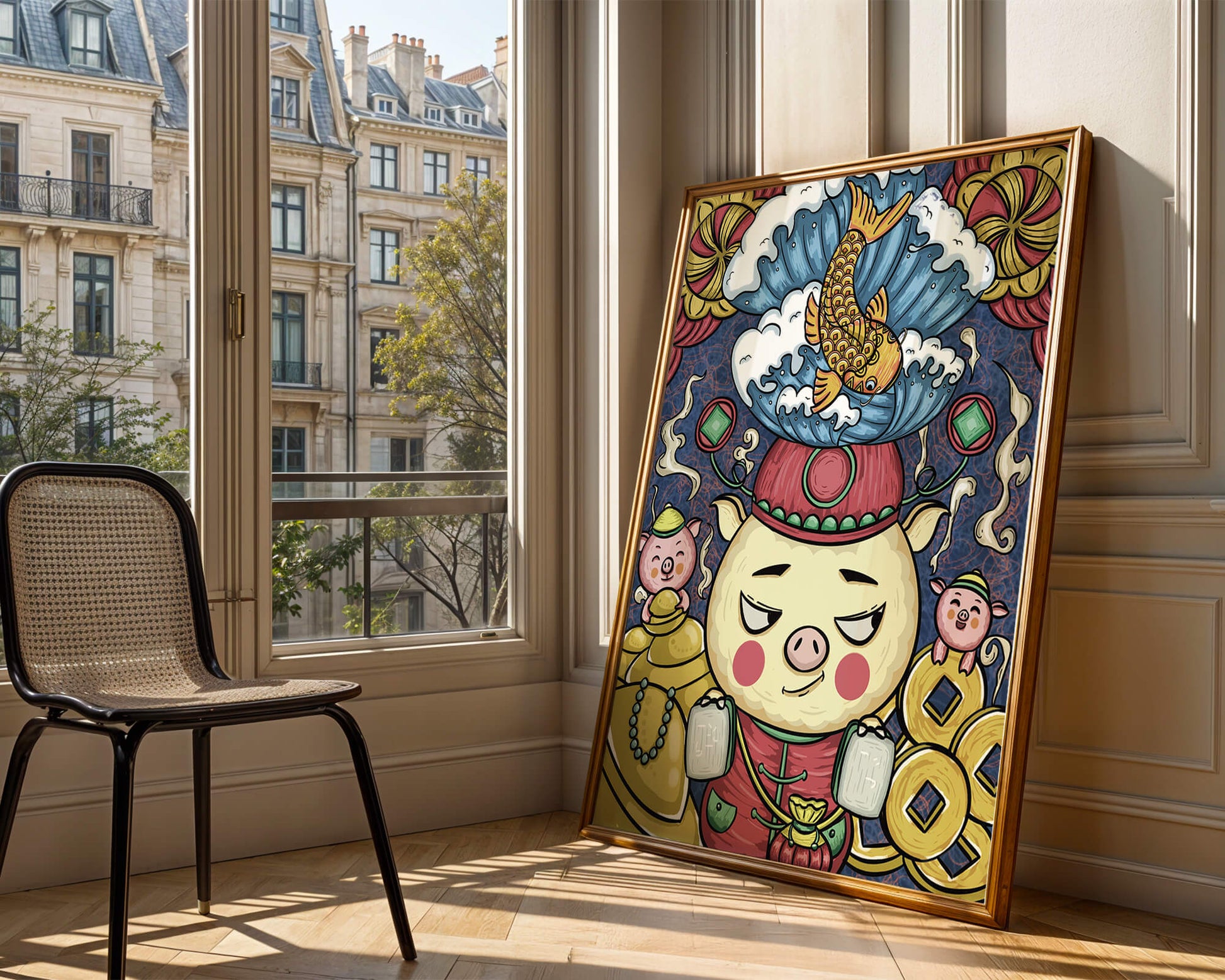 Colorful illustration featuring a whimsical pig and koi fish with decorative elements