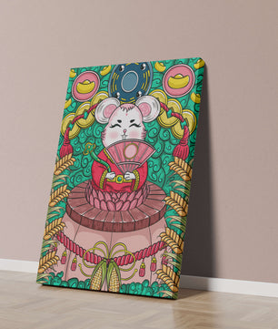 Ratón decorativo encantador con elementos asiáticos y monedas sobre un fondo vibrante