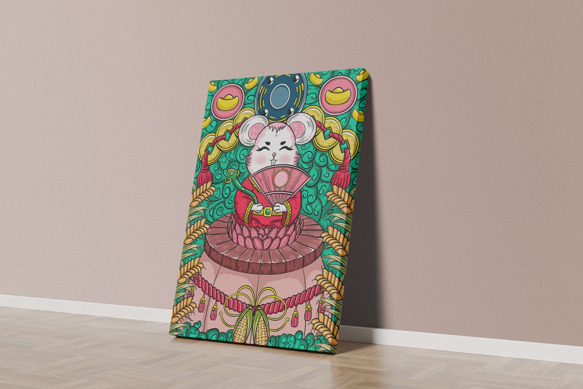 Encantador ratón decorativo con elementos asiáticos y monedas sobre un fondo vibrante.