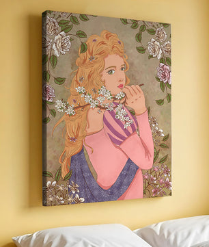 Ilustración floral romántica de una mujer con cabello largo y flores en flor