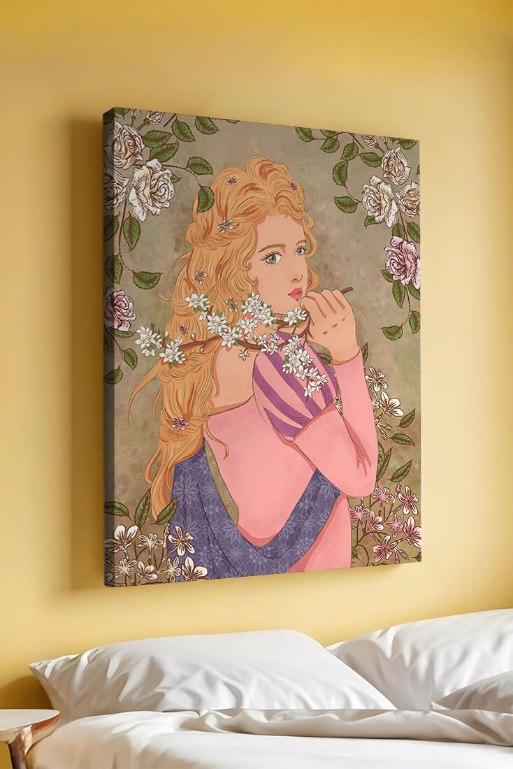 Ilustración floral romántica de una mujer con cabello largo y flores florecientes