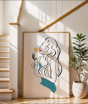 Ilustración estilizada de una mujer con una flor y elementos abstractos