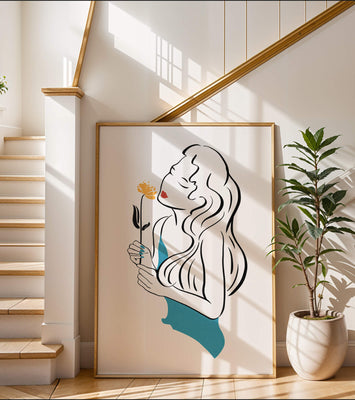 Stylized illustration of a woman with a flower and abstract elements