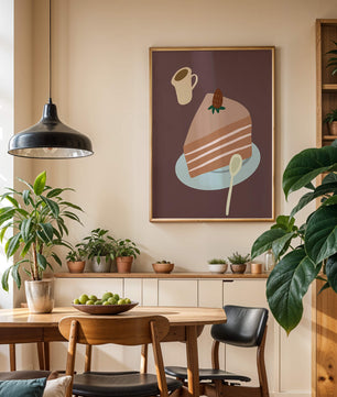 Ilustración de una porción de pastel con fresa y café