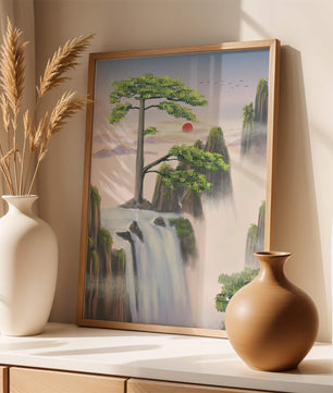 Serene landscape with flowing waterfall and sunrise
