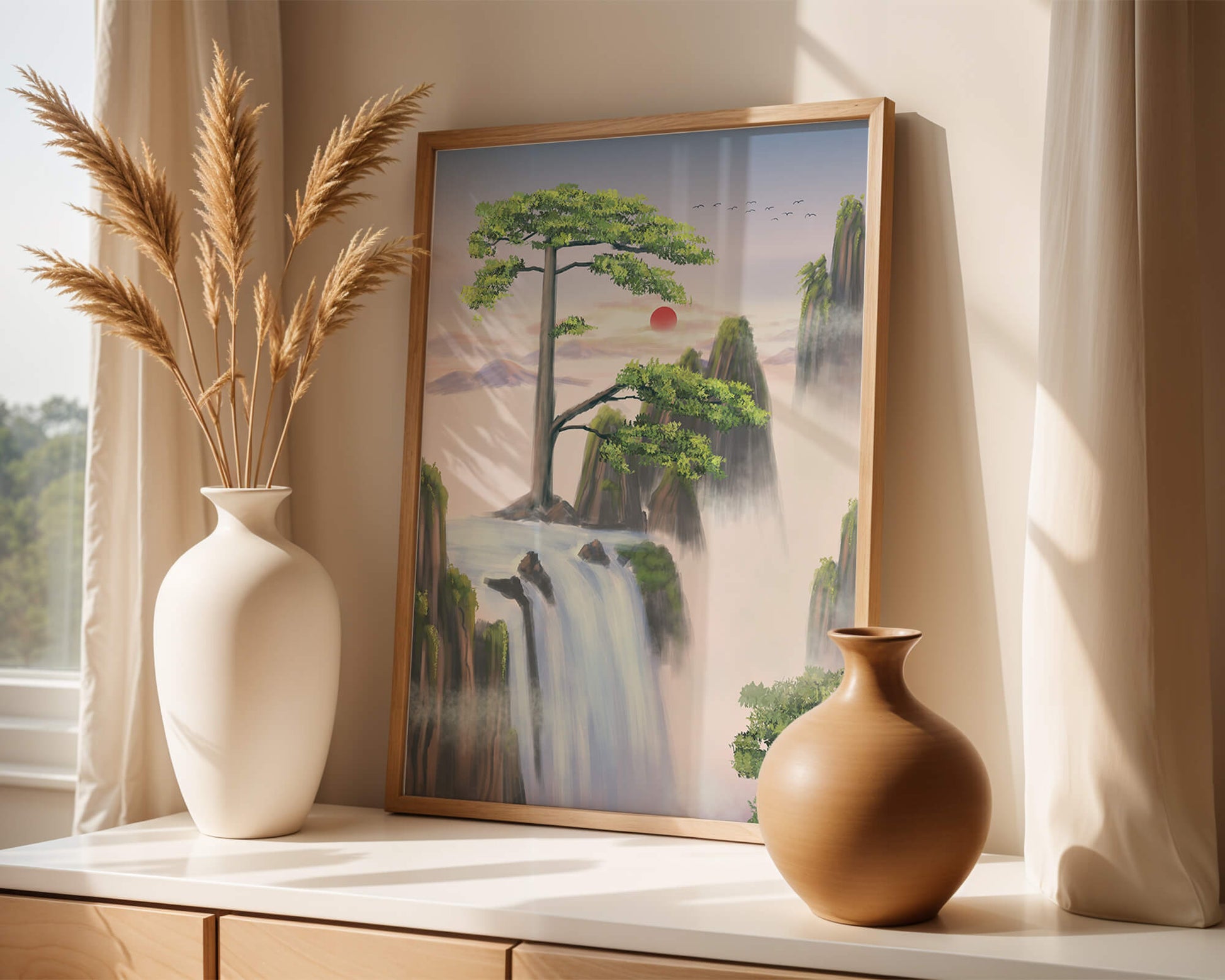 Serene landscape with flowing waterfall and sunrise