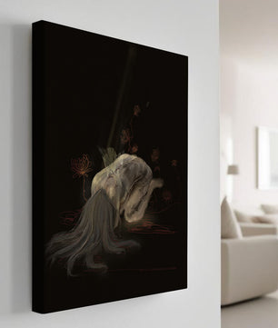 Abstract depiction of a figure surrounded by floral elements