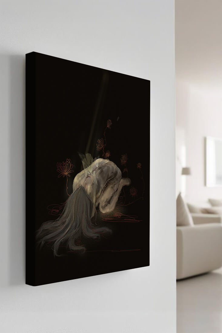 Abstract depiction of a figure surrounded by floral elements