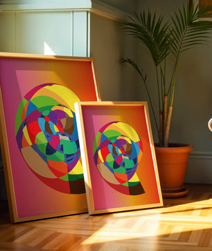 Vibrant abstract geometric shape with multicolored spiral on gradient background