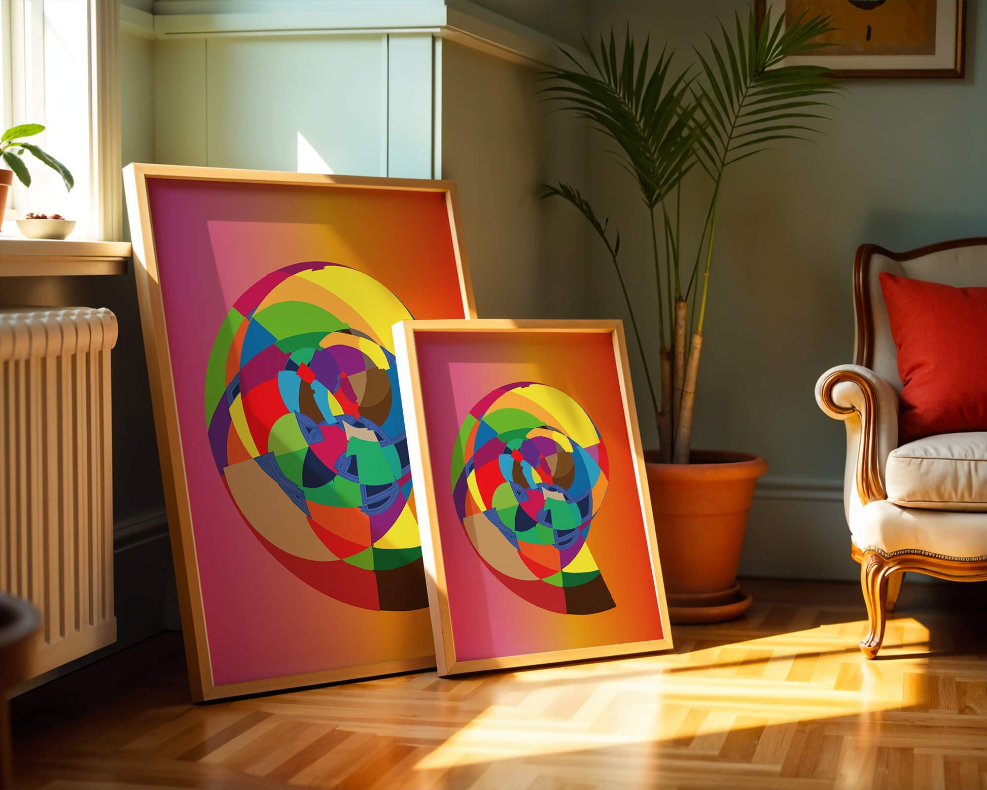 Vibrant abstract geometric shape with multicolored spiral on gradient background