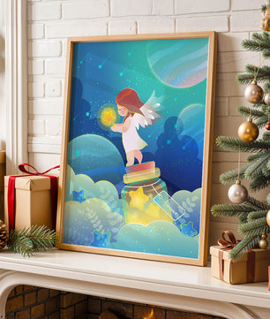 Enchanting angel collecting stars in a dreamy night sky
