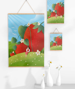 Paysage serein avec d'énormes fraises et une femme dans une prairie en fleurs