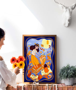 Whimsical illustration with woman and child among books and flowers