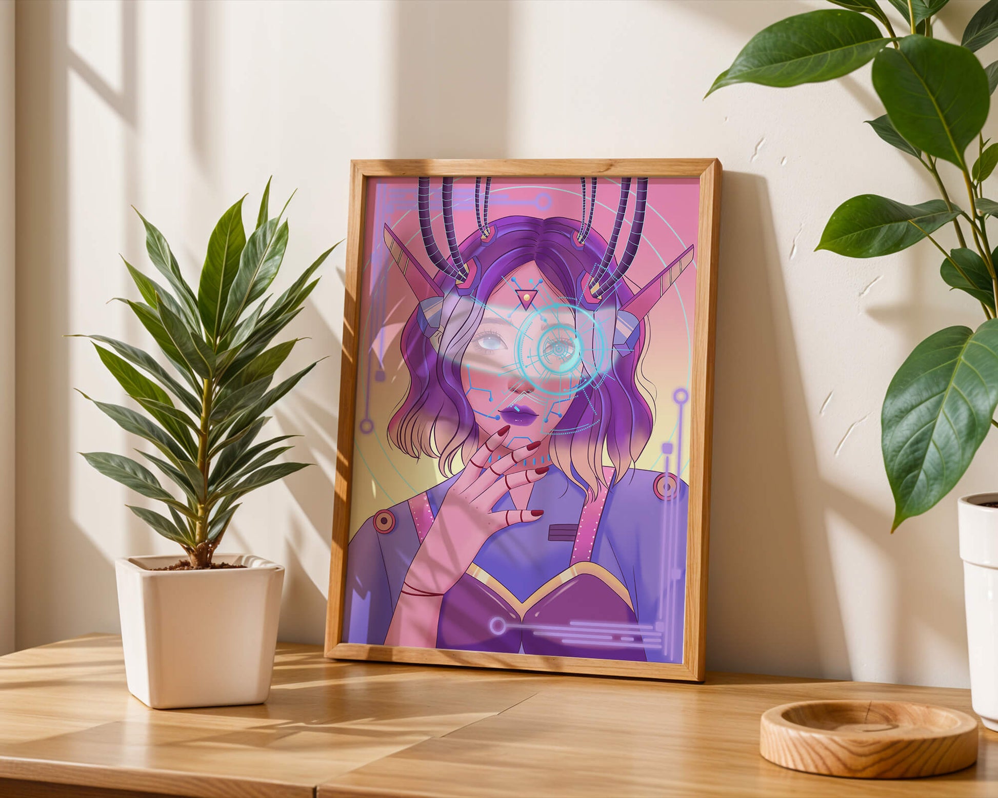 Futuristic digital art featuring a cybernetic woman with a holographic interface