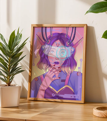 Futuristic digital art featuring a cybernetic woman with a holographic interface