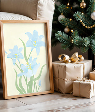 Ilustración elegante de flores azul claro con tallos verdes