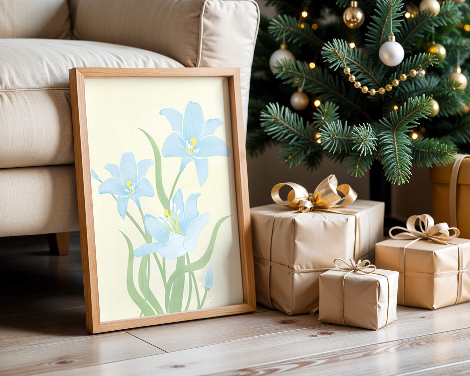 Ilustración elegante de flores azul claro con tallos verdes